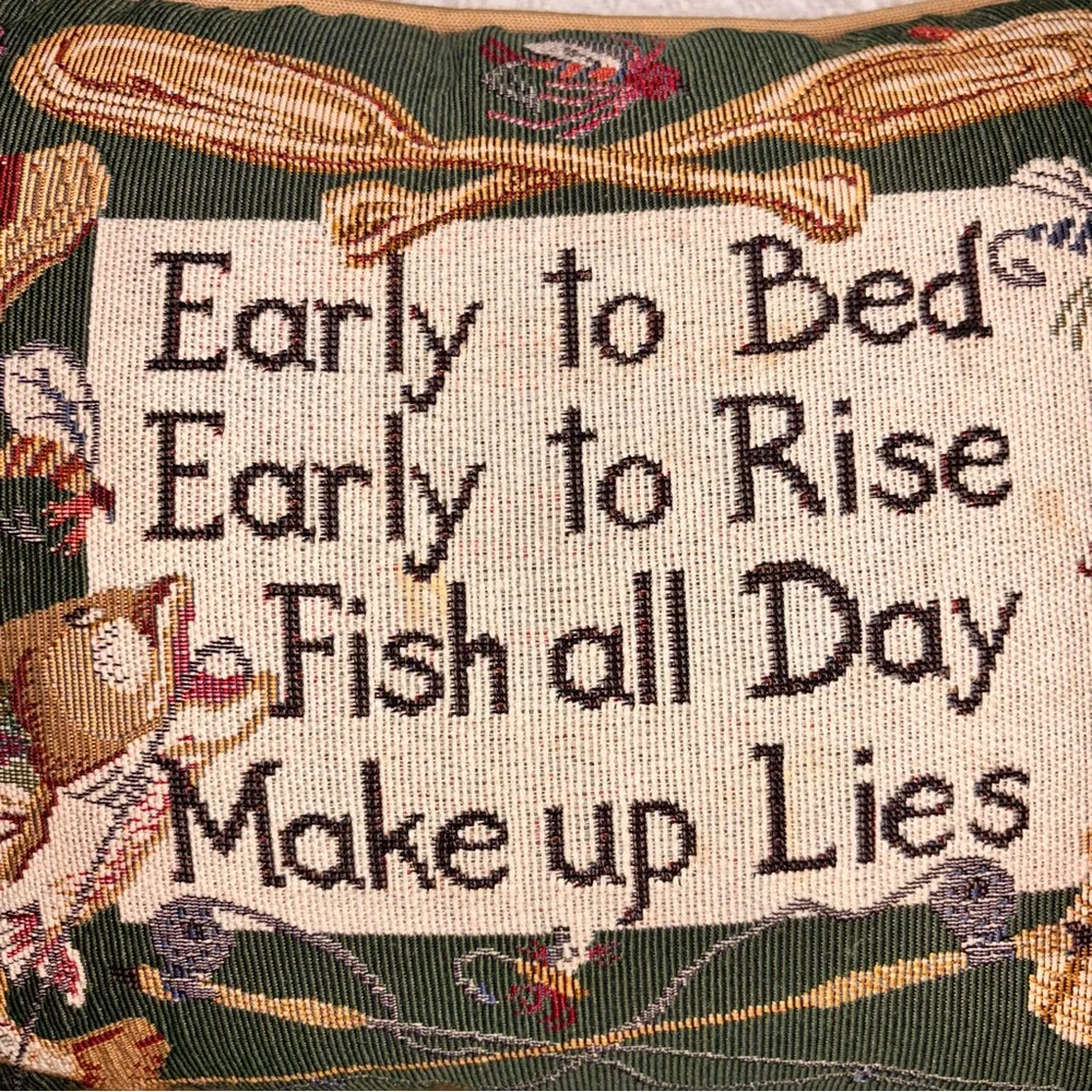Vintage Riverdale fishing theme tapestry accent pillow early to bed early rise